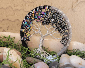 front view hematite adorned 3 inch wire tree of life